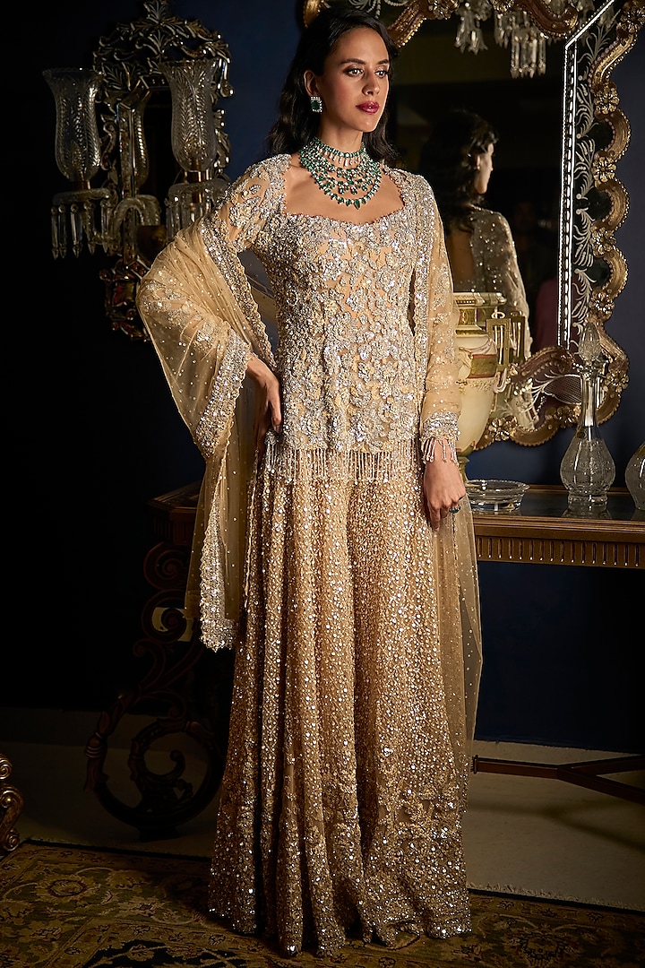 Nude Net Sequins Embroidered Bridal Sharara Set by Seema Gujral at Pernia's Pop Up Shop