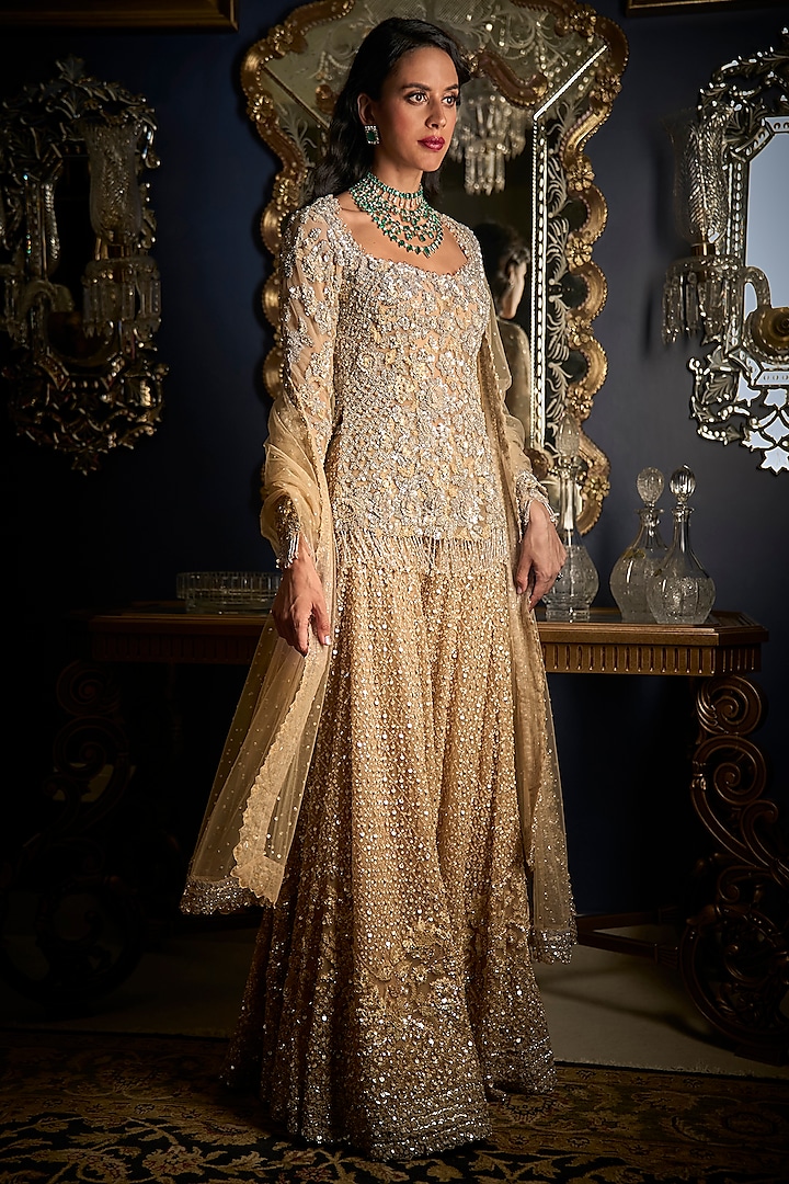Nude Net Sequins Embroidered Bridal Sharara Set by Seema Gujral at Pernia's Pop Up Shop