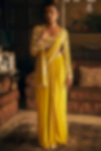 Yellow Georgette Pre-Draped Reception Saree Set by Seema Gujral at Pernia's Pop Up Shop
