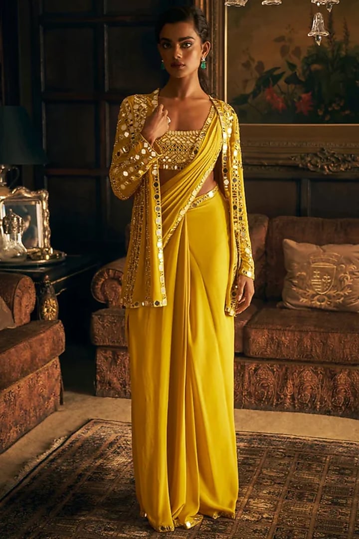 Yellow Georgette Pre-Draped Reception Saree Set by Seema Gujral at Pernia's Pop Up Shop