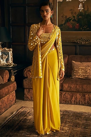 Yellow Georgette Pre-Draped Saree Set by Seema Gujral