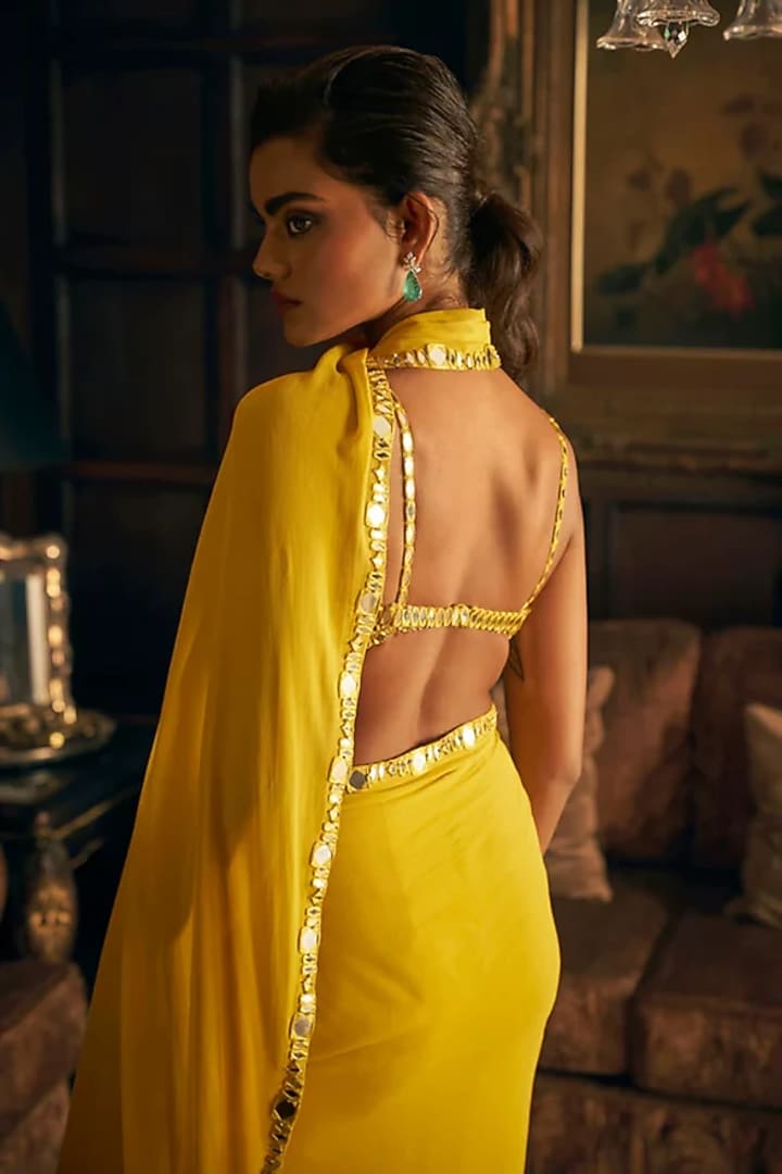 Yellow Georgette Pre-Draped Reception Saree Set by Seema Gujral at Pernia's Pop Up Shop