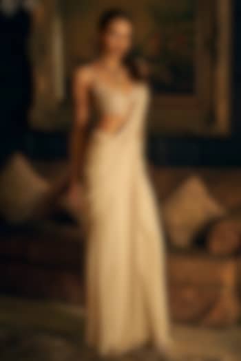 Ivory Georgette Pre-Draped Wedding Saree Set by Seema Gujral at Pernia's Pop Up Shop