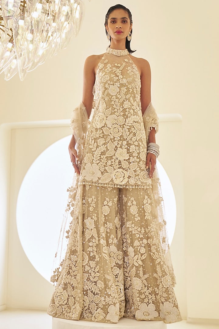 Nude Net 3D Embroidered Bridal Sharara Set by Seema Gujral at Pernia's Pop Up Shop