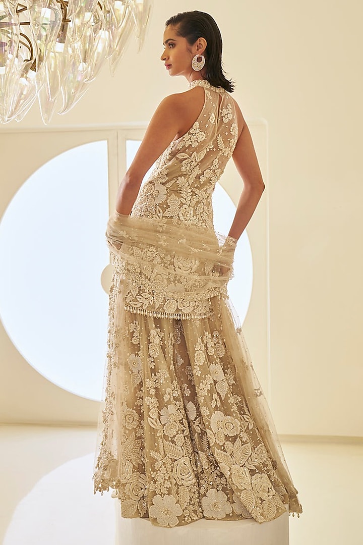 Nude Net 3D Embroidered Bridal Sharara Set by Seema Gujral at Pernia's Pop Up Shop