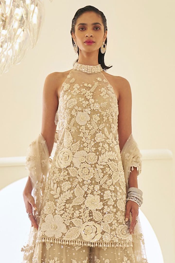 Nude Net 3D Embroidered Bridal Sharara Set by Seema Gujral at Pernia's Pop Up Shop