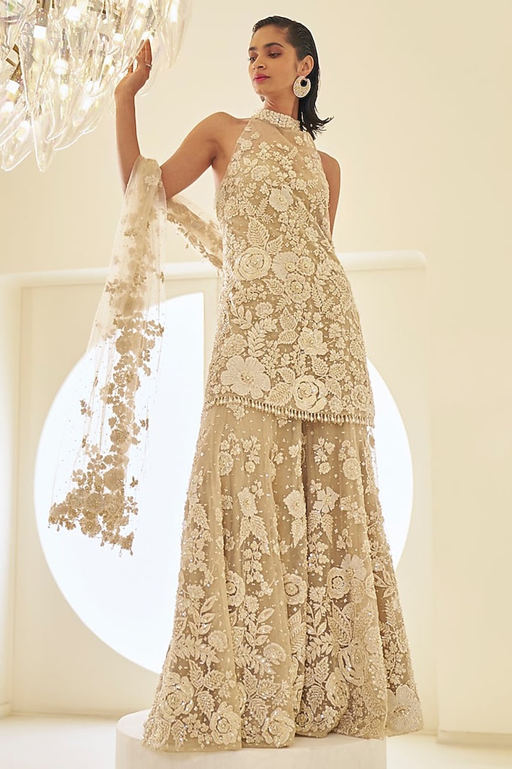 Nude Net 3D Embroidered Bridal Sharara Set by Seema Gujral at Pernia's Pop Up Shop
