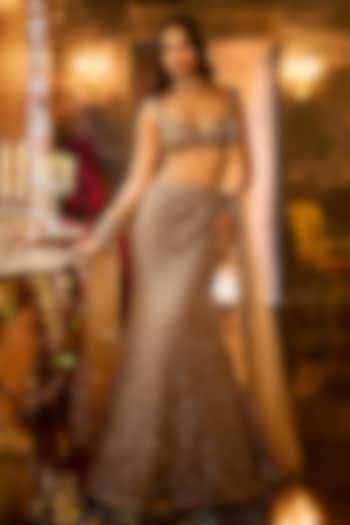 Antique Gold Net Crystal Embroidered Flared Skirt Set by Seema Gujral at Pernia's Pop Up Shop