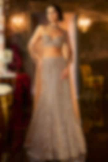 Antique Gold Net Sequins Embroidered Flared Skirt Set by Seema Gujral at Pernia's Pop Up Shop