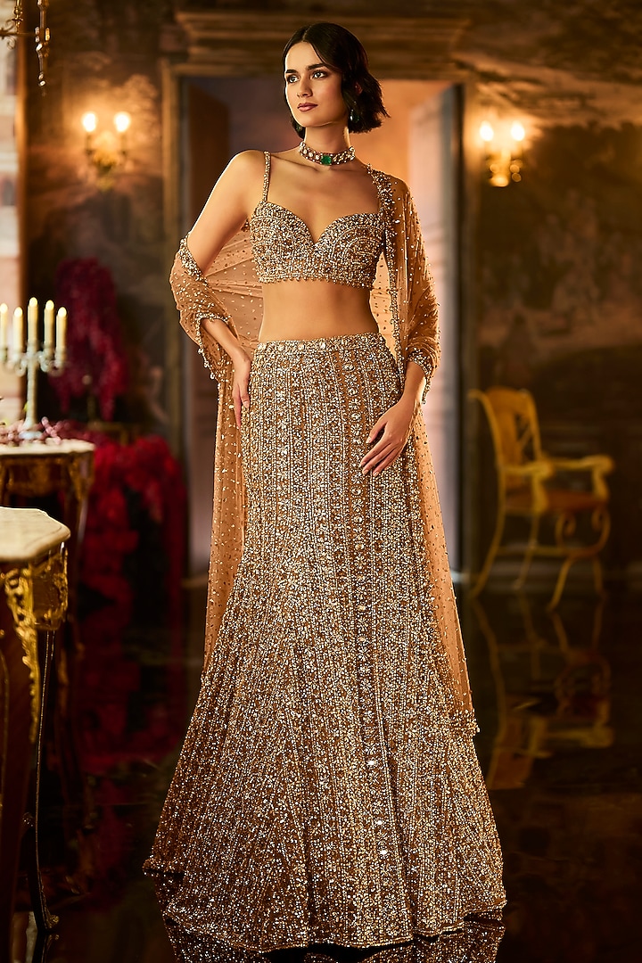 Antique Gold Net Sequins Embroidered Flared Skirt Set by Seema Gujral at Pernia's Pop Up Shop