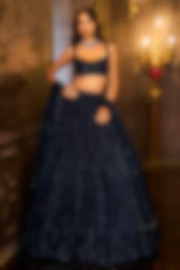 Navy Blue Net Sequins Embroidered Bridal Lehenga Set by Seema Gujral at Pernia's Pop Up Shop