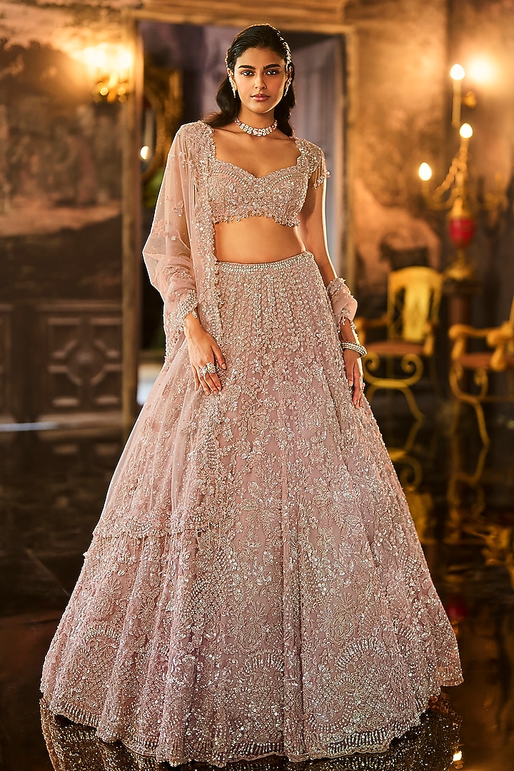 Mauve Net Sequins & Crystal Embroidered Bridal Lehenga Set by Seema Gujral at Pernia's Pop Up Shop