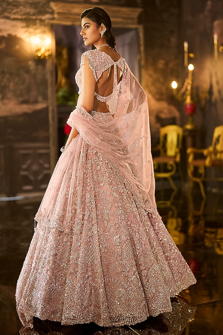 Mauve Net Sequins & Crystal Embroidered Bridal Lehenga Set by Seema Gujral at Pernia's Pop Up Shop