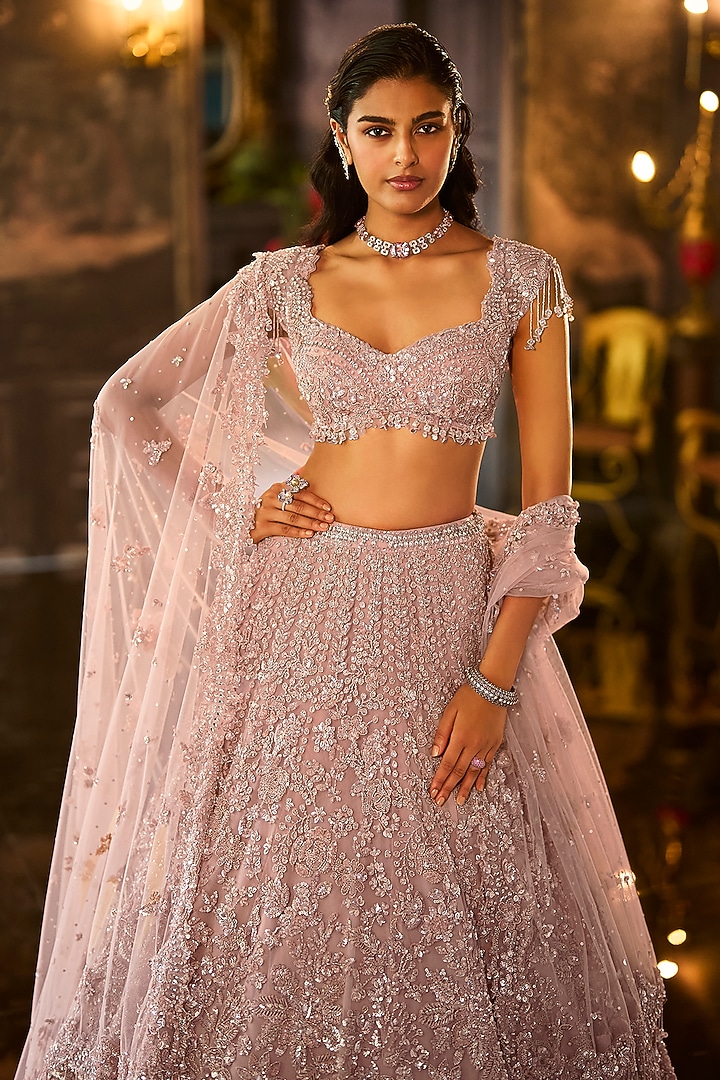Mauve Net Sequins & Crystal Embroidered Bridal Lehenga Set by Seema Gujral at Pernia's Pop Up Shop