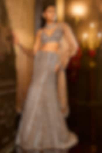 Brown Net Green Emerald Embroidered Flared Skirt Set by Seema Gujral at Pernia's Pop Up Shop