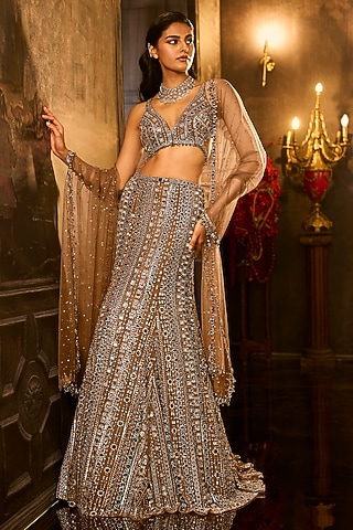 Brown Net Green Emerald Embroidered Flared Skirt Set by Seema Gujral