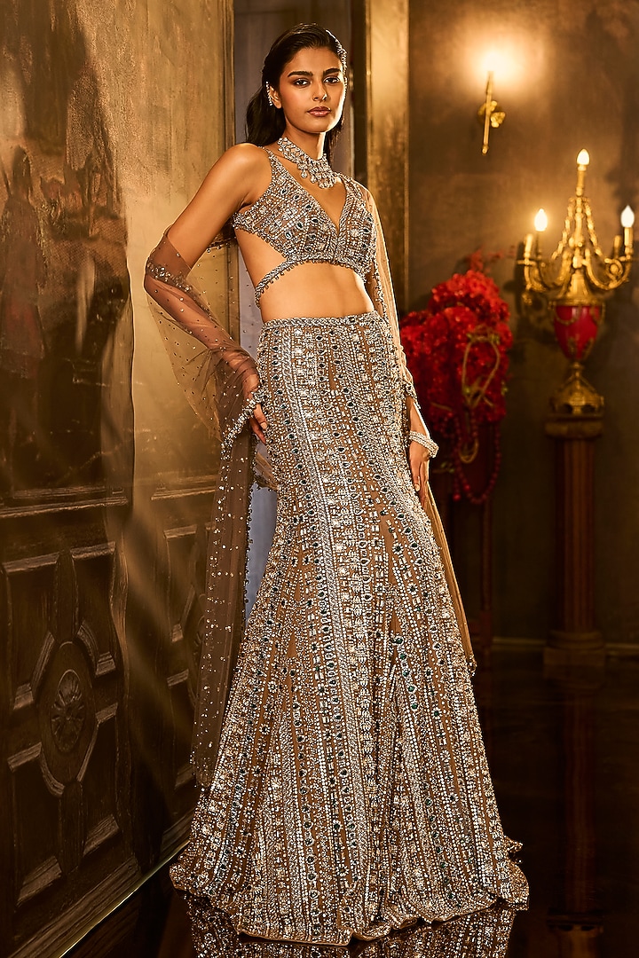 Brown Net Green Emerald Embroidered Flared Skirt Set by Seema Gujral at Pernia's Pop Up Shop