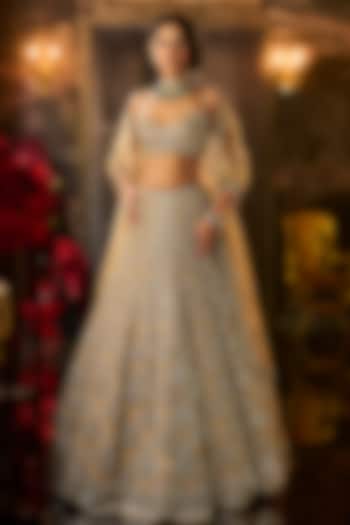 Golden Net Crystal Embroidered Bridal Lehenga Set by Seema Gujral at Pernia's Pop Up Shop