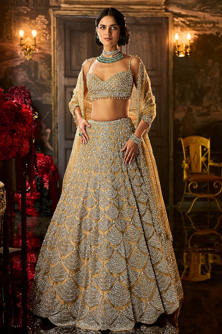 Golden Net Crystal Embroidered Bridal Lehenga Set by Seema Gujral at Pernia's Pop Up Shop