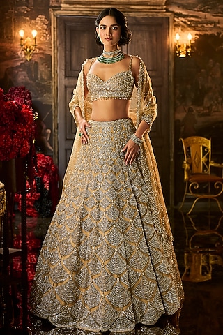 Golden Net Crystal Embroidered Lehenga Set by Seema Gujral