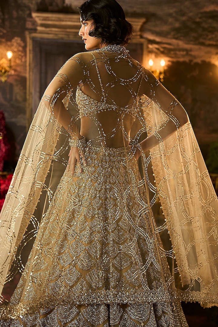 Golden Net Crystal Embroidered Bridal Lehenga Set by Seema Gujral at Pernia's Pop Up Shop