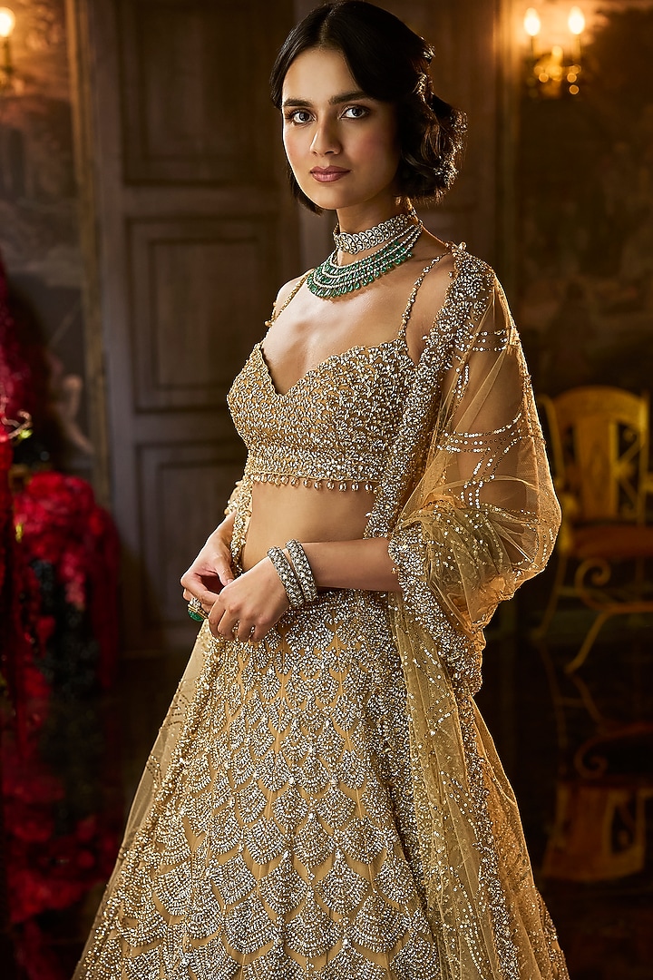 Golden Net Crystal Embroidered Bridal Lehenga Set by Seema Gujral at Pernia's Pop Up Shop