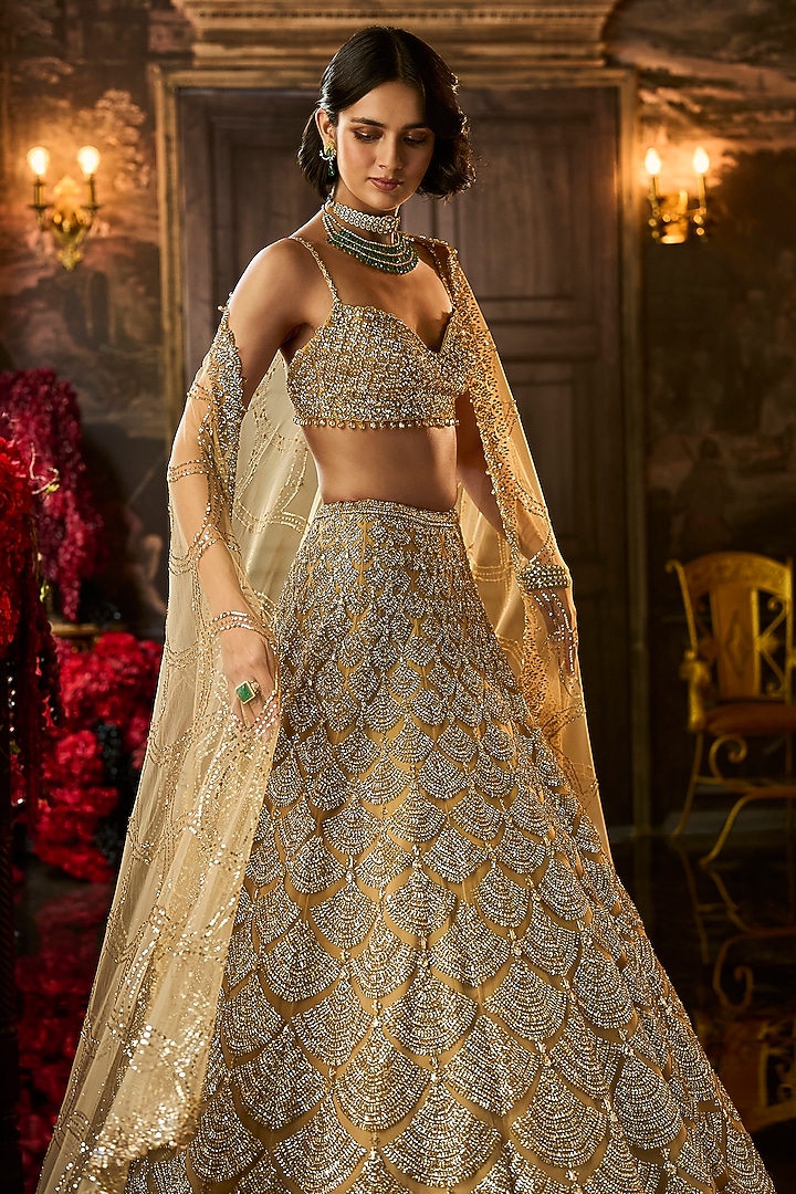 Golden Net Crystal Embroidered Bridal Lehenga Set by Seema Gujral at Pernia's Pop Up Shop
