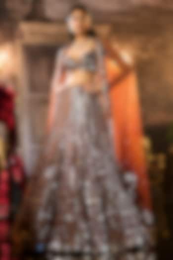 Copper Brown Net Mirror Embroidered Bridal Lehenga Set by Seema Gujral at Pernia's Pop Up Shop