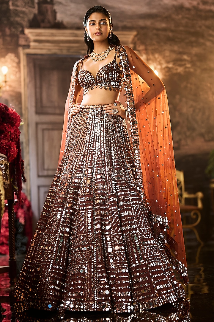 Copper Brown Net Mirror Embroidered Bridal Lehenga Set by Seema Gujral at Pernia's Pop Up Shop