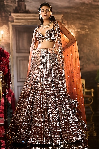 Copper Brown Net Mirror Embroidered Lehenga Set by Seema Gujral