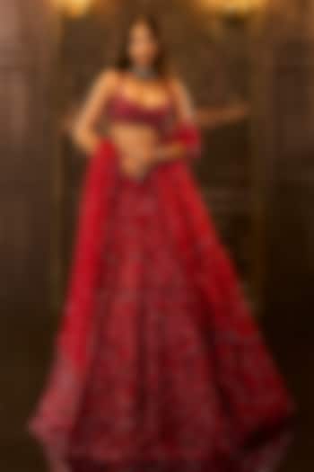 Red Net Crystal & Sequins Embroidered Bridal Lehenga Set by Seema Gujral at Pernia's Pop Up Shop