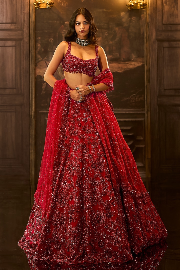 Red Net Crystal & Sequins Embroidered Bridal Lehenga Set by Seema Gujral at Pernia's Pop Up Shop