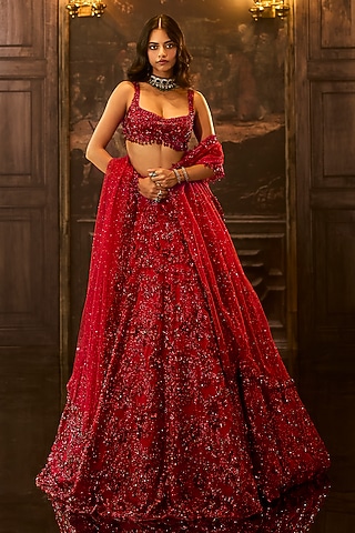 Red Net Crystal & Sequins Embroidered Lehenga Set by Seema Gujral