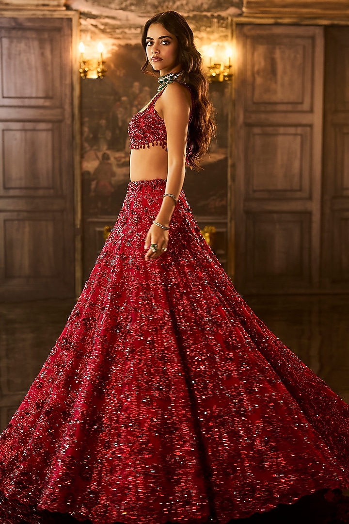 Red Net Crystal & Sequins Embroidered Bridal Lehenga Set by Seema Gujral at Pernia's Pop Up Shop