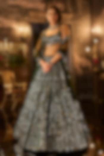 Dark Green Net Abstract Mirror Embroidered Bridal Lehenga Set by Seema Gujral at Pernia's Pop Up Shop