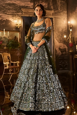 Dark Green Net Abstract Mirror Embroidered Lehenga Set by Seema Gujral