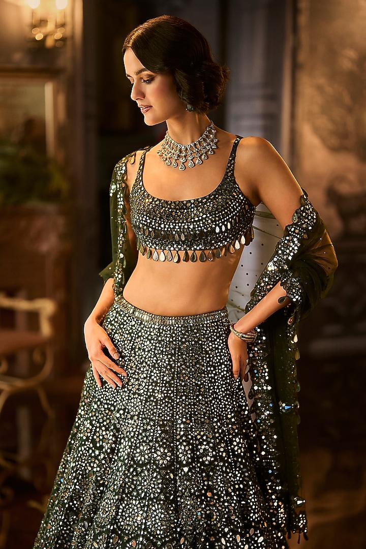 Dark Green Net Abstract Mirror Embroidered Bridal Lehenga Set by Seema Gujral at Pernia's Pop Up Shop