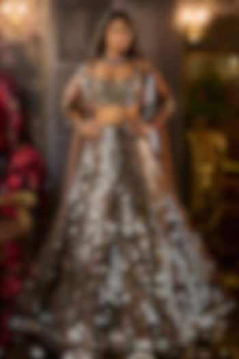 Brown Net Abstract Mirror Embroidered Bridal Lehenga Set by Seema Gujral at Pernia's Pop Up Shop