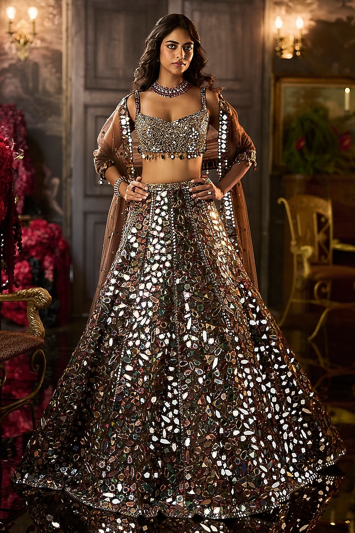 Brown Net Abstract Mirror Embroidered Bridal Lehenga Set by Seema Gujral at Pernia's Pop Up Shop