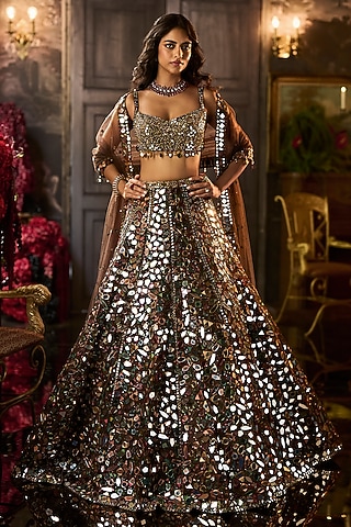 Brown Net Abstract Mirror Embroidered Lehenga Set by Seema Gujral