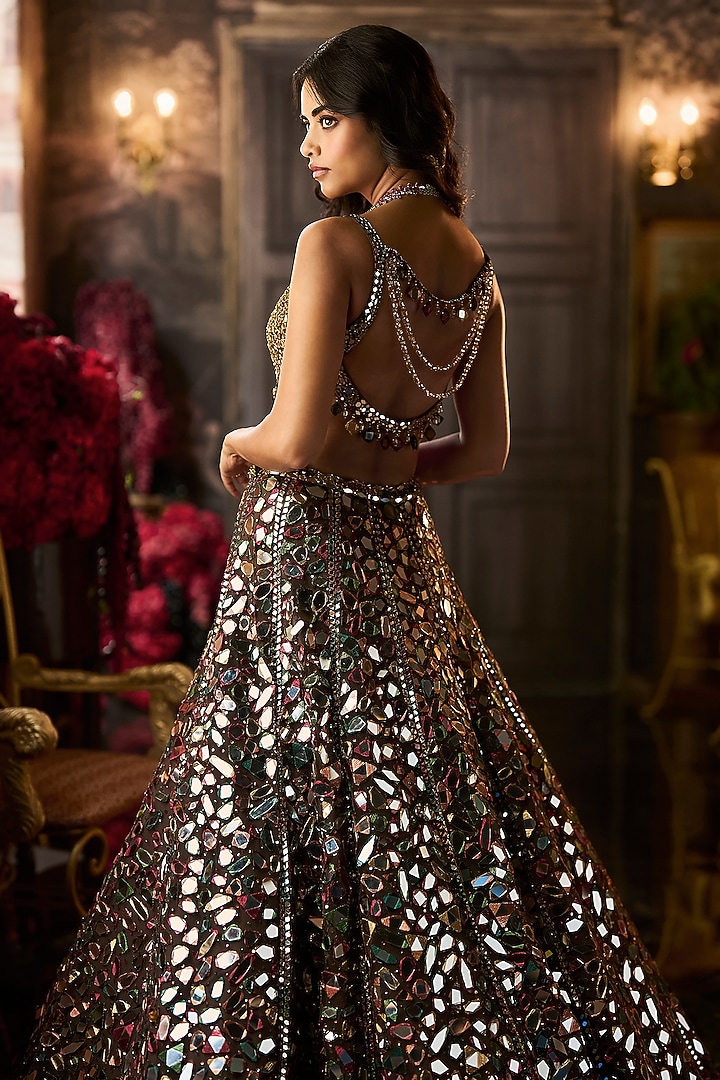Brown Net Abstract Mirror Embroidered Bridal Lehenga Set by Seema Gujral at Pernia's Pop Up Shop