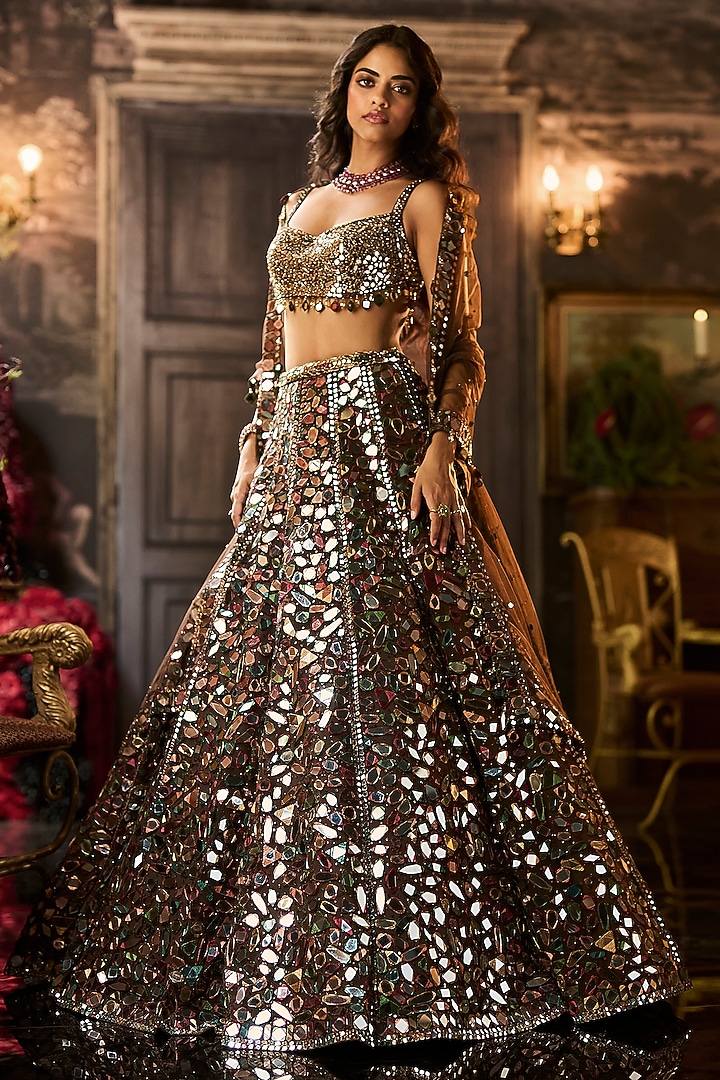 Brown Net Abstract Mirror Embroidered Bridal Lehenga Set by Seema Gujral at Pernia's Pop Up Shop