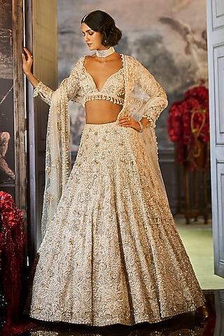 Ivory Net Sequins & Pearl Embroidered Lehenga Set by Seema Gujral