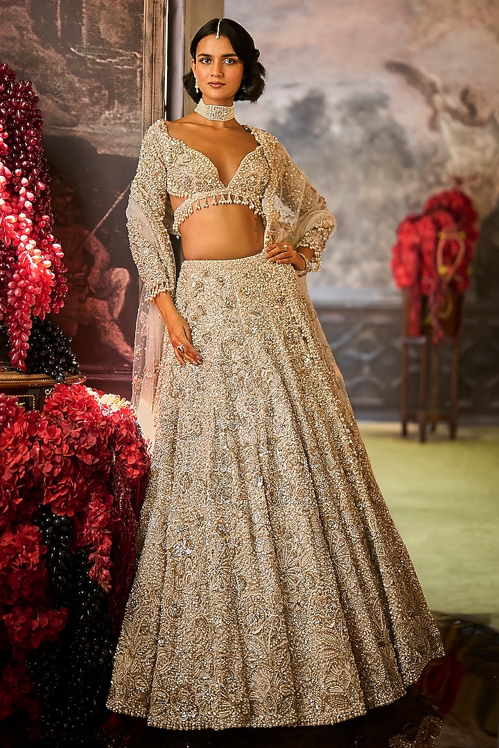 Ivory Net Sequins & Pearl Embroidered Bridal Lehenga Set by Seema Gujral at Pernia's Pop Up Shop