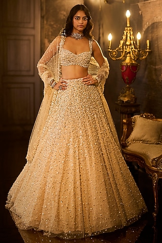 Butter Cream Net Pearl Embellished Lehenga Set by Seema Gujral