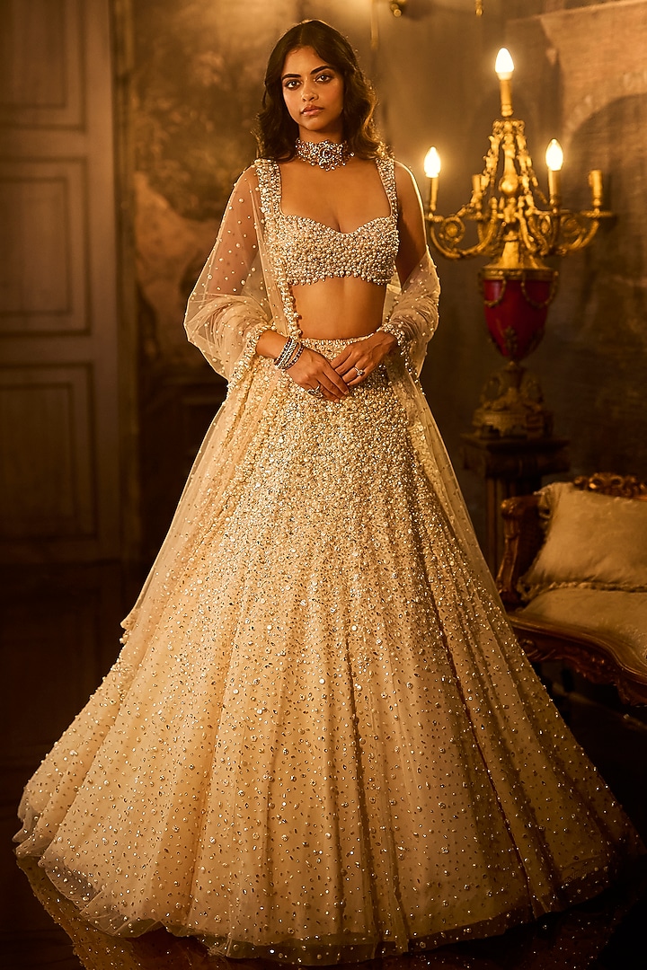 Butter Cream Net Pearl Embellished Bridal Lehenga Set by Seema Gujral at Pernia's Pop Up Shop