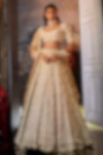 Nude Raw Silk Pearl Embroidered Bridal Lehenga Set by Seema Gujral at Pernia's Pop Up Shop