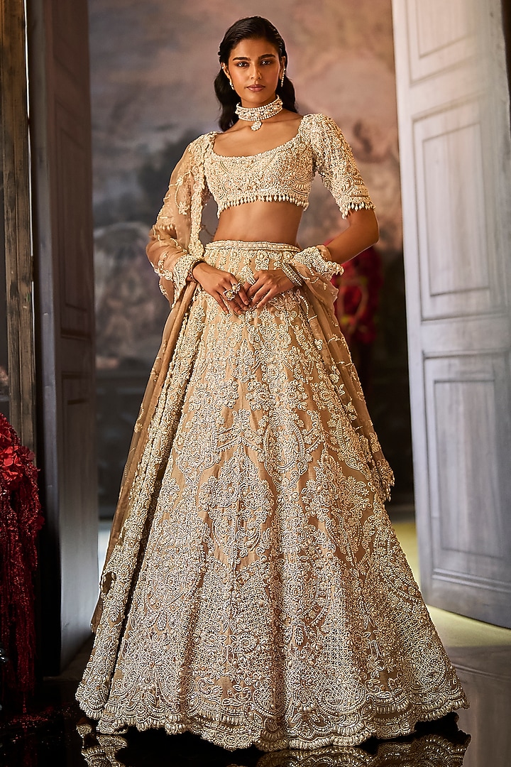 Nude Raw Silk Pearl Embroidered Bridal Lehenga Set by Seema Gujral at Pernia's Pop Up Shop