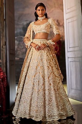 Nude Raw Silk Pearl Embroidered Lehenga Set by Seema Gujral