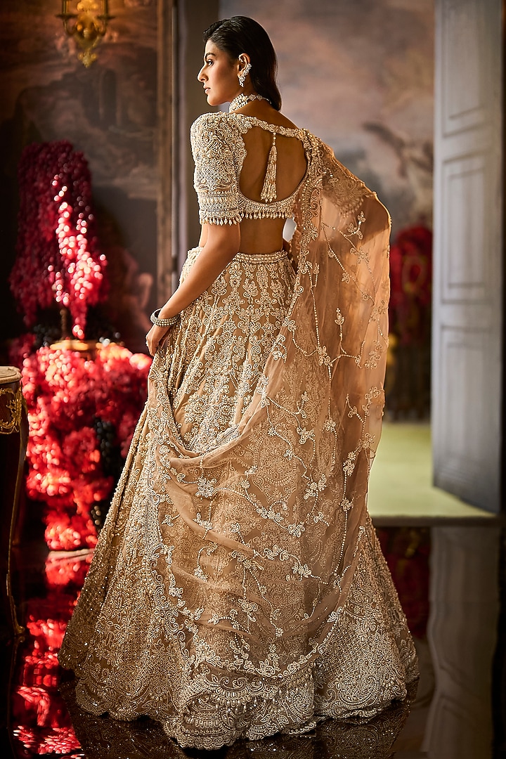 Nude Raw Silk Pearl Embroidered Bridal Lehenga Set by Seema Gujral at Pernia's Pop Up Shop
